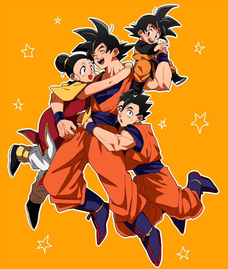 1girl, 3boys, :d, :o, ^_^, arms_around_neck, black_eyes, black_hair