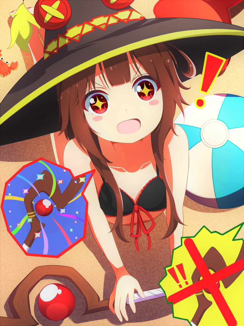 1girl, absurdres, ball, beach, beachball, bikini_top, blush, brown_hair, hat, highres, kono_subarashii_sekai_ni_shukufuku_wo!, megumin, red_eyes, sand, sparkling_eyes, staff, witch_hat, yuzukosyo43