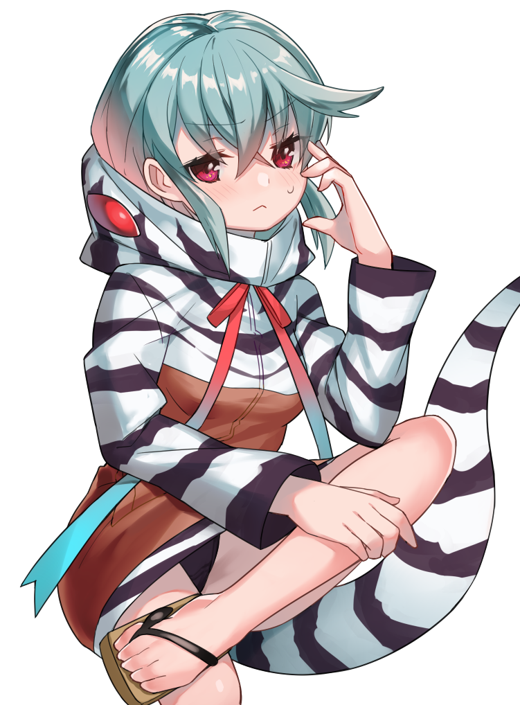 1girl, :<, alternate_color, animal_hood, bangs, black_panties, blue_hair, blush