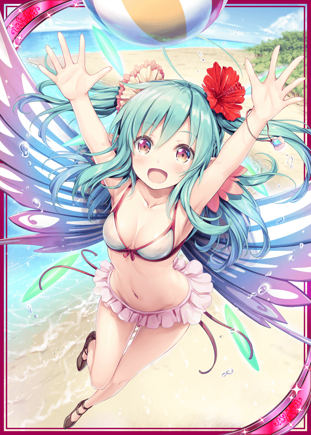 1girl, :d, akkijin, armpits, ball, beach, beachball, bikini, blue_hair, breasts, card_(medium), fairy, fairy_wings, flower, hair_flower, hair_ornament, hands_up, medium_breasts, ocean, official_art, open_mouth, pixie_servant_(shinkai_no_valkyrie), red_eyes, shell, shinkai_no_valkyrie, smile, swimsuit, wings