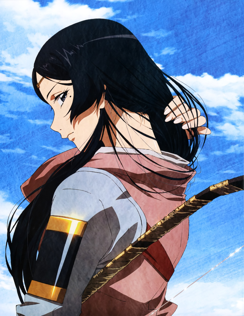 1girl, absurdres, angolmois:_genkou_kassenki, artist_request, black_hair, blue_sky, clouds, cloudy_sky
