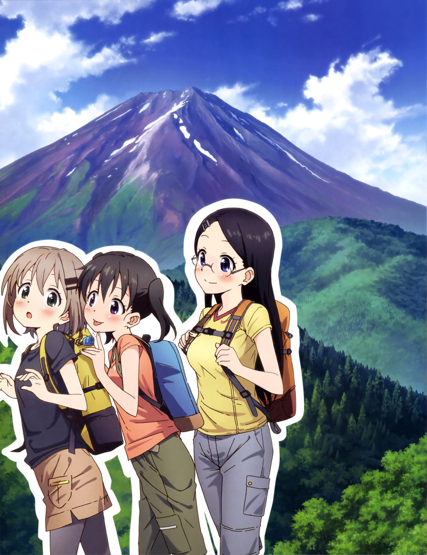 3girls, :o, absurdres, artist_request, backpack, bag, bangs, belt