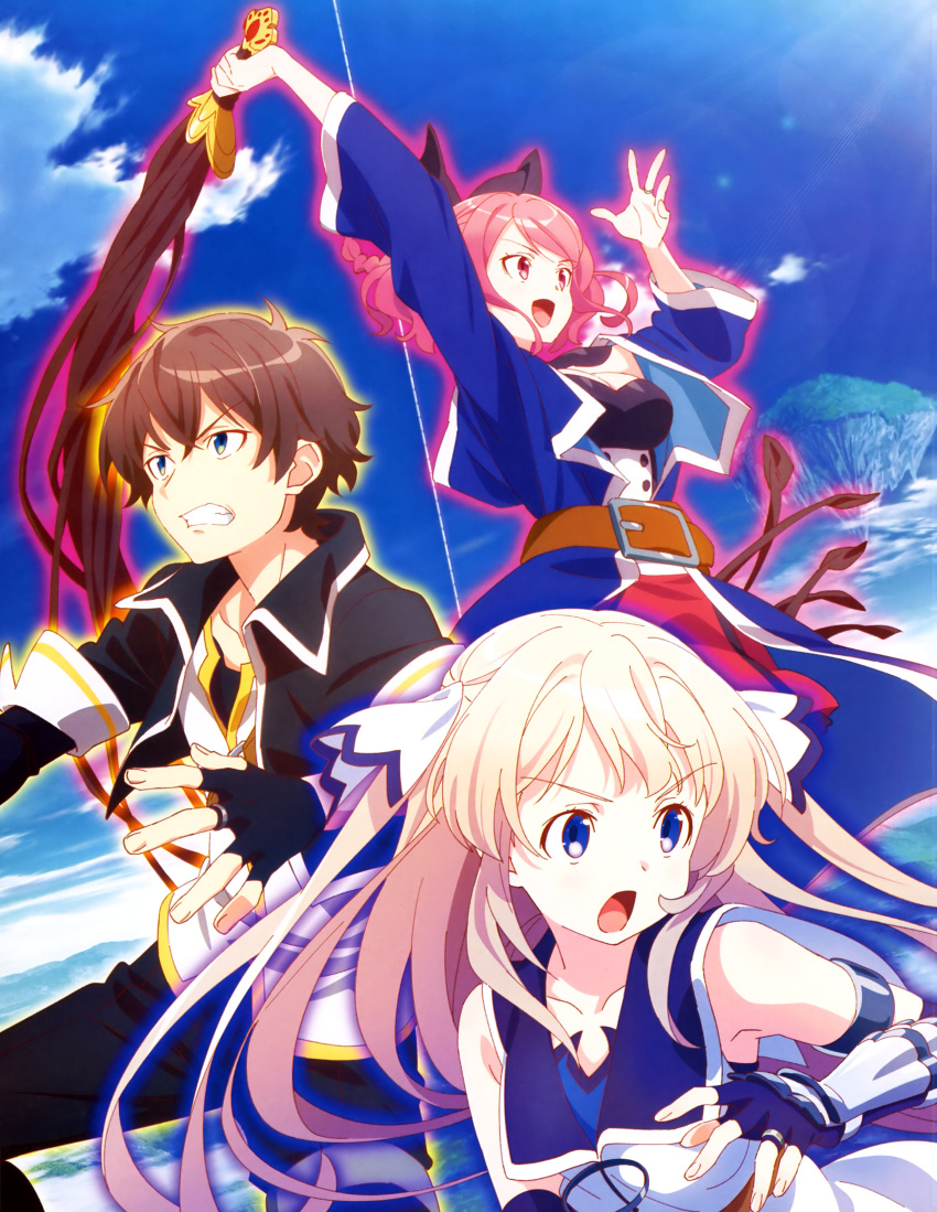 1boy, 2girls, :d, absurdres, amou_haruto, armlet, armor, arms_up