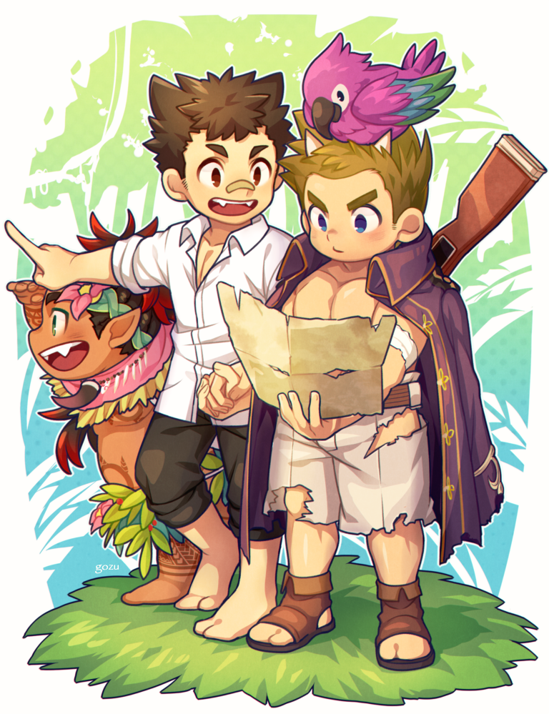 3boys, animal, animal_on_head, bandaid, barefoot, bird, brown_hair, fangs