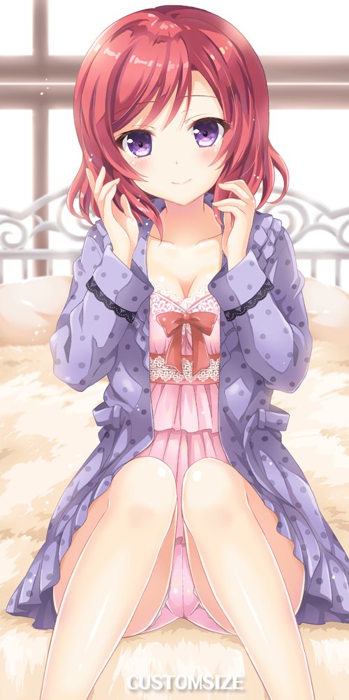 1girl, blush, bow, breasts, circle_name, cleavage, collarbone, eyebrows_visible_through_hair, frills, hands_up, jacket, lace_trim, long_sleeves, looking_at_viewer, love_live!, love_live!_school_idol_project, nishikino_maki, on_bed, pink_pajamas, polka_dot_jacket, purple_jacket, red_bow, redhead, sakurai_makoto_(custom_size), short_hair, sitting, sitting_on_bed, smile, solo, violet_eyes