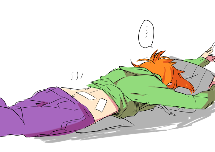 ..., 1boy, bandage, butt_crack, green_hoodie, hood, hoodie, lying