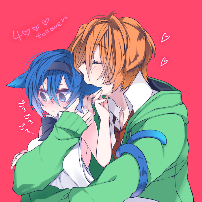 1boy, 1girl, animal_ears, biting, black_bow, blue_eyes, blue_hair, blush