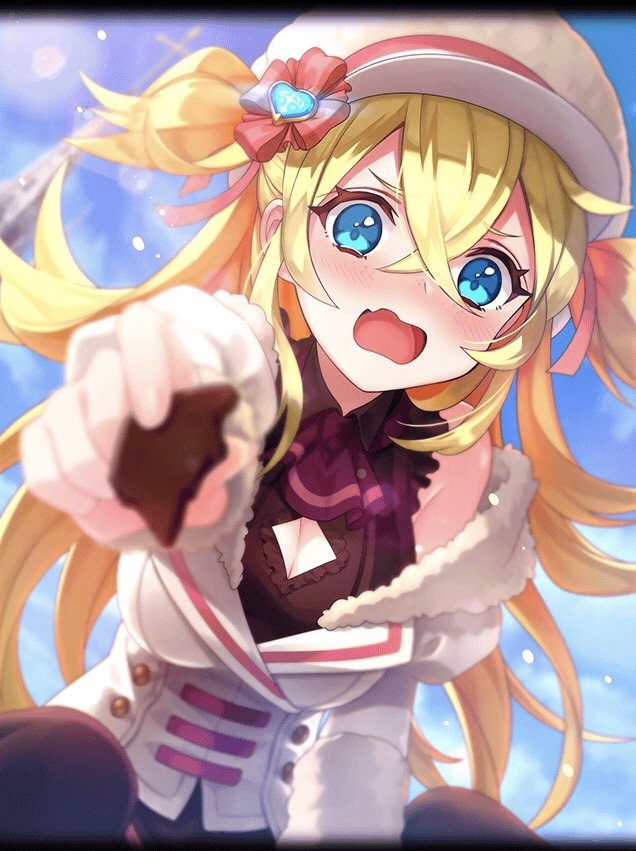 1girl, ancient_killers_(phantom_of_the_kill), artist_request, ascot, blonde_hair, blue_eyes, blush, breasts, chocolate, cleavage, cleavage_cutout, gisla_(phantom_of_the_kill), hat, large_breasts, long_hair, official_art, open_mouth, phantom_of_the_kill, white_coat, white_hat