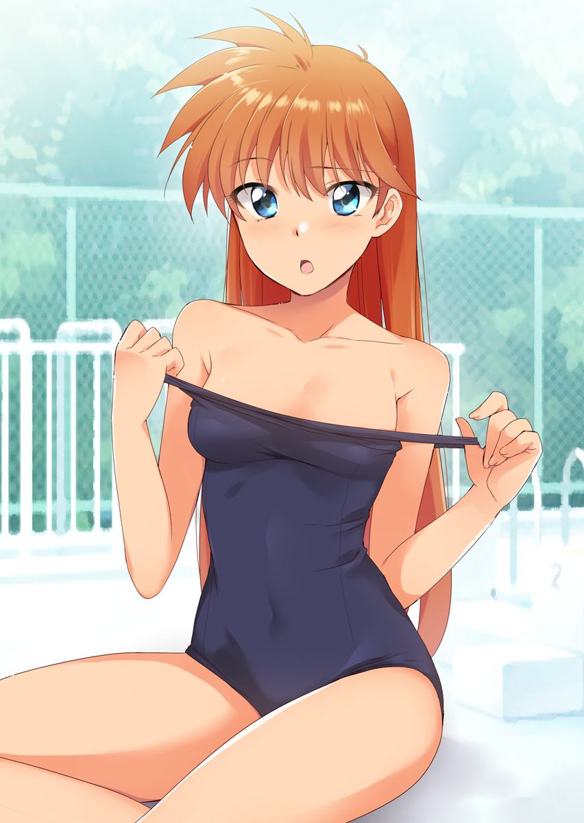 1girl, :o, bangs, bare_arms, bare_shoulders, blue_eyes, blue_swimsuit, blurry