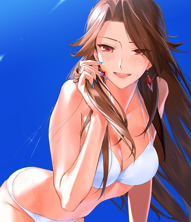 1girl, :d, akiyoshi_haru, bare_shoulders, bent_over, bikini, blue_sky, blush