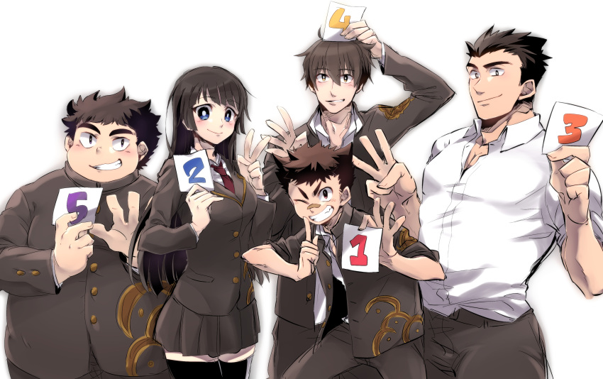 1girl, 4boys, absurdres, bandaid, bandaid_on_nose, black_jacket, black_pants, black_skirt, blue_eyes, bright_pupils, card, fat, fat_man, gakuran, highres, holding, holding_card, jacket, master_1_(tokyo_houkago_summoners), master_2_(tokyo_houkago_summoners), master_3_(tokyo_houkago_summoners), master_4_(tokyo_houkago_summoners), master_5_(tokyo_houkago_summoners), multiple_boys, necktie, open_clothes, open_jacket, pants, pleated_skirt, red_neckwear, school_uniform, skirt, spiky_hair, tokyo_houkago_summoners, v