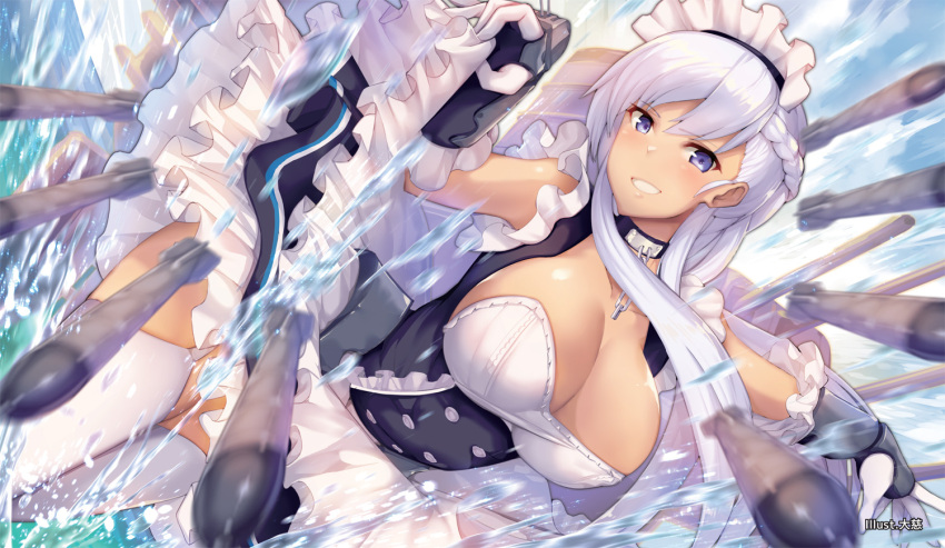 1girl, apron, artist_name, azur_lane, bangs, belfast_(azur_lane), blue_eyes, blue_sky