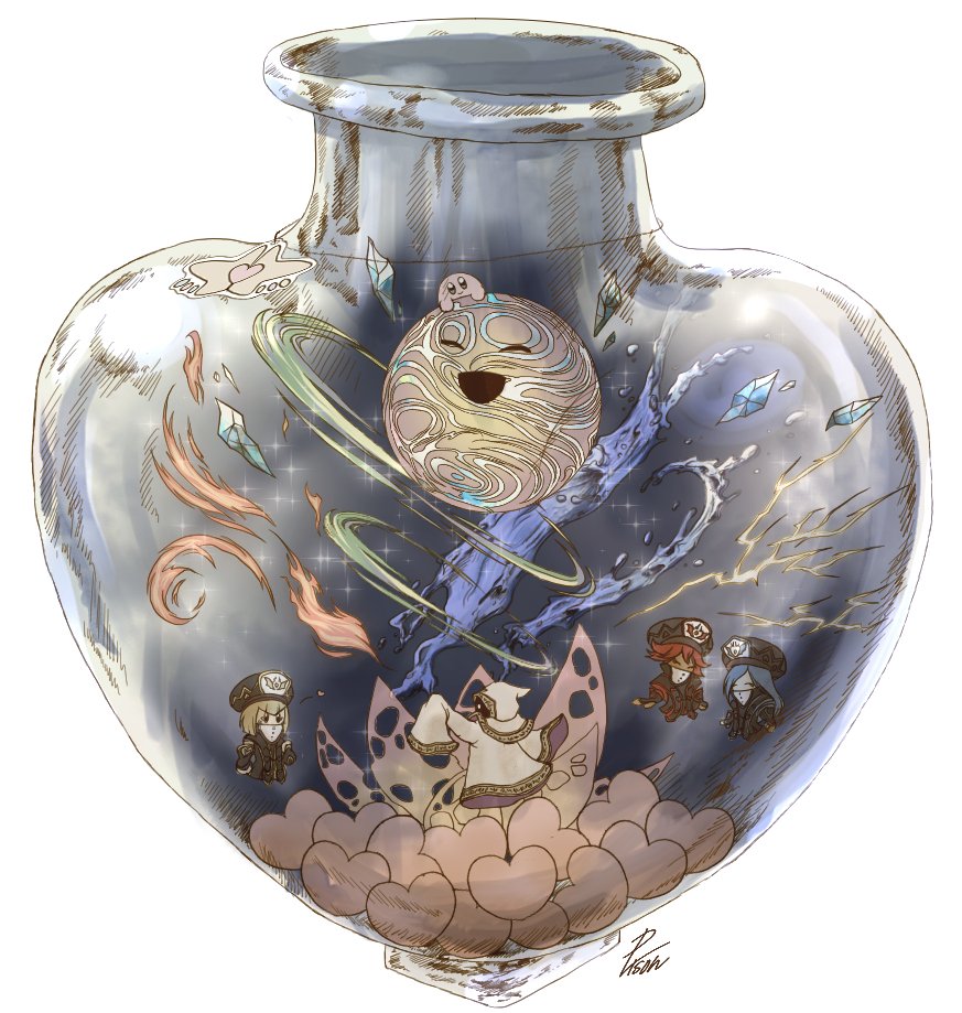 1boy, 3girls, beret, bottle, closed_eyes, commentary_request, crystal, flamberge_(kirby)
