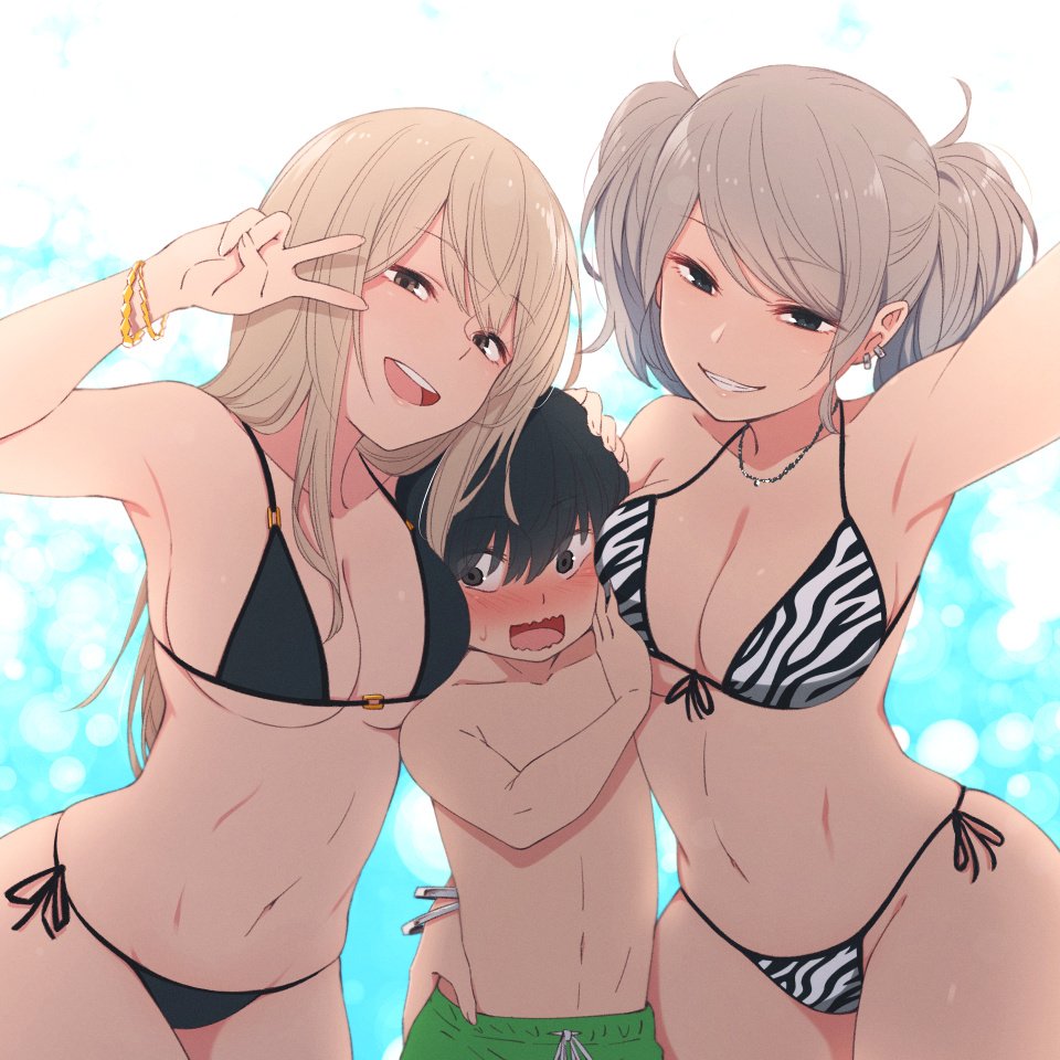 1boy, 2girls, :d, animal_print, arm_up, armpits, bikini, black_bikini