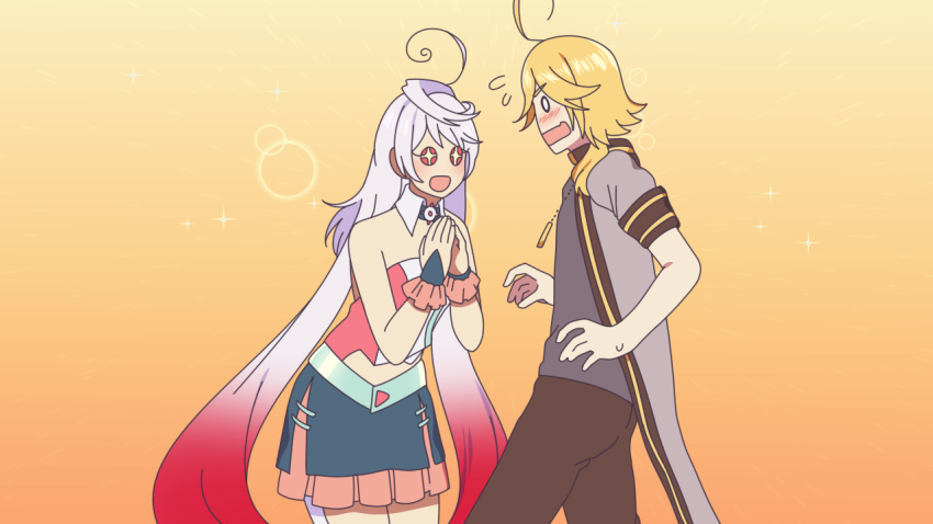 +_+, 1boy, 1girl, ahoge, bare_arms, bare_shoulders, blonde_hair, blush, brown_pants, choker, detached_collar, dog_tags, excited, flat_color, gradient_hair, hands_together, leaning_back, long_hair, long_jacket, maika_(vocaloid), midriff, multicolored_hair, o_o, open_mouth, pants, pink_eyes, shugo_(desire-drive), sidelocks, simple_mouth, skirt, sparkle, sparkle_background, sparkling_eyes, surprised, sweatdrop, symbol-shaped_pupils, two-tone_hair, very_long_hair, vocaloid, wavy_mouth, white_hair, wrist_cuffs, yohioloid