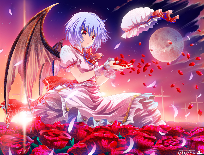 1girl, blue_hair, devil_wings, dress, flower, hat, hat_removed, headwear_removed, highres, looking_down, moon, namamo_nanase, outstretched_hand, petals, red_eyes, red_rose, remilia_scarlet, ribbon, rose, short_hair, solo, sunset, touhou, wings