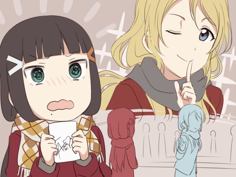 2girls, @_@, ayase_eli, black_hair, blonde_hair, blue_eyes, blush, chibi