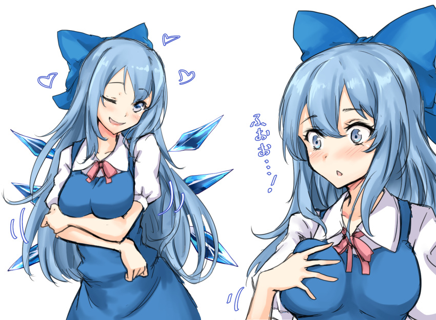 1girl, ;d, alternate_breast_size, alternate_hair_length, alternate_hairstyle, amagi_(amagi626), blue_bow, blue_dress