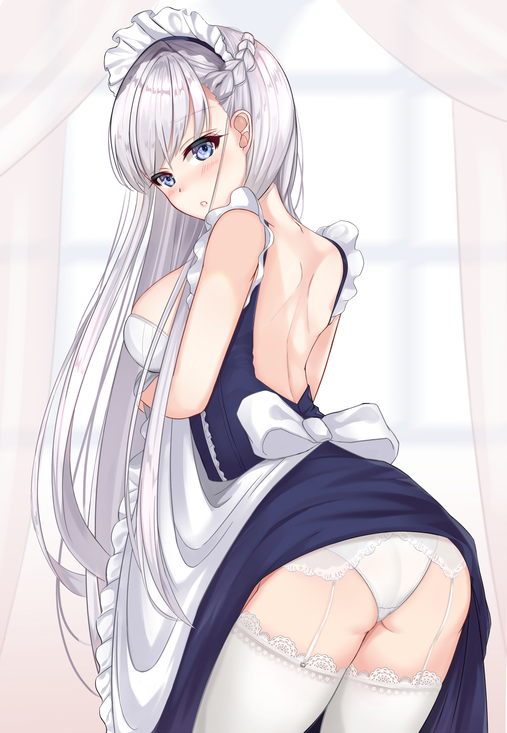 1girl, apron, ass, azur_lane, backless_dress, backless_outfit, belfast_(azur_lane), black_dress