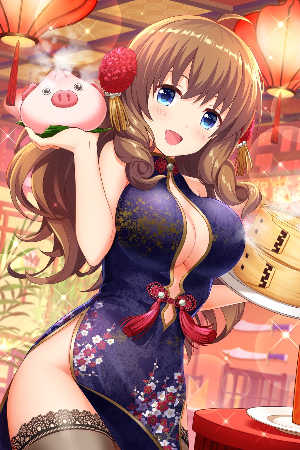 1girl, ahoge, alternative_girls, arimura_shion, bamboo_steamer, bangs, baozi, bare_shoulders