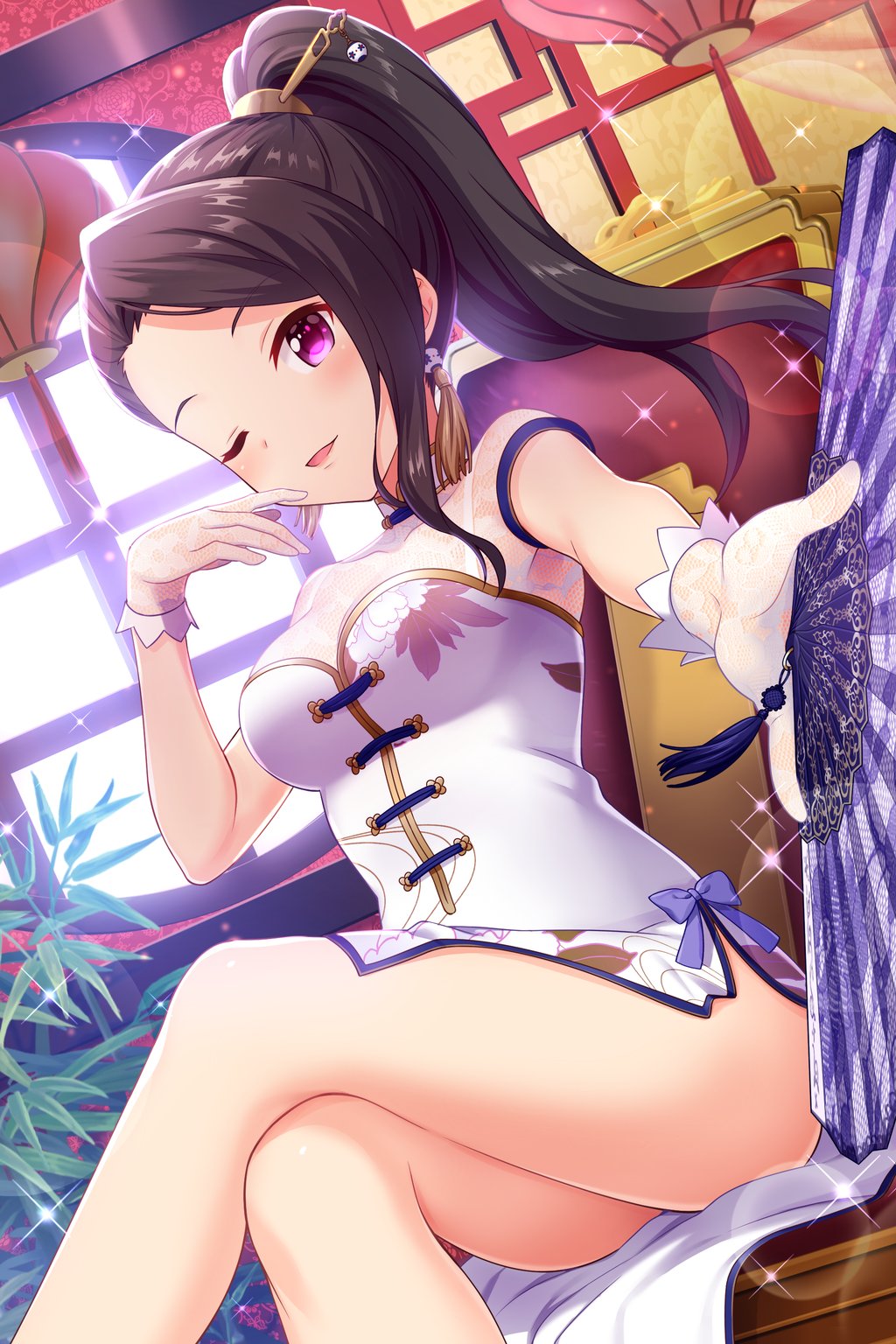 1girl, alternative_girls, blush, breasts, brown_hair, china_dress, chinese_clothes, double-breasted