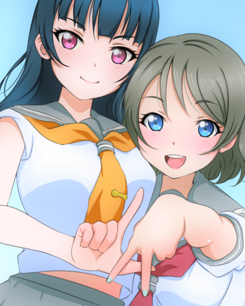 2girls, :d, bangs, blue_eyes, blue_hair, blunt_bangs, commentary, english_commentary