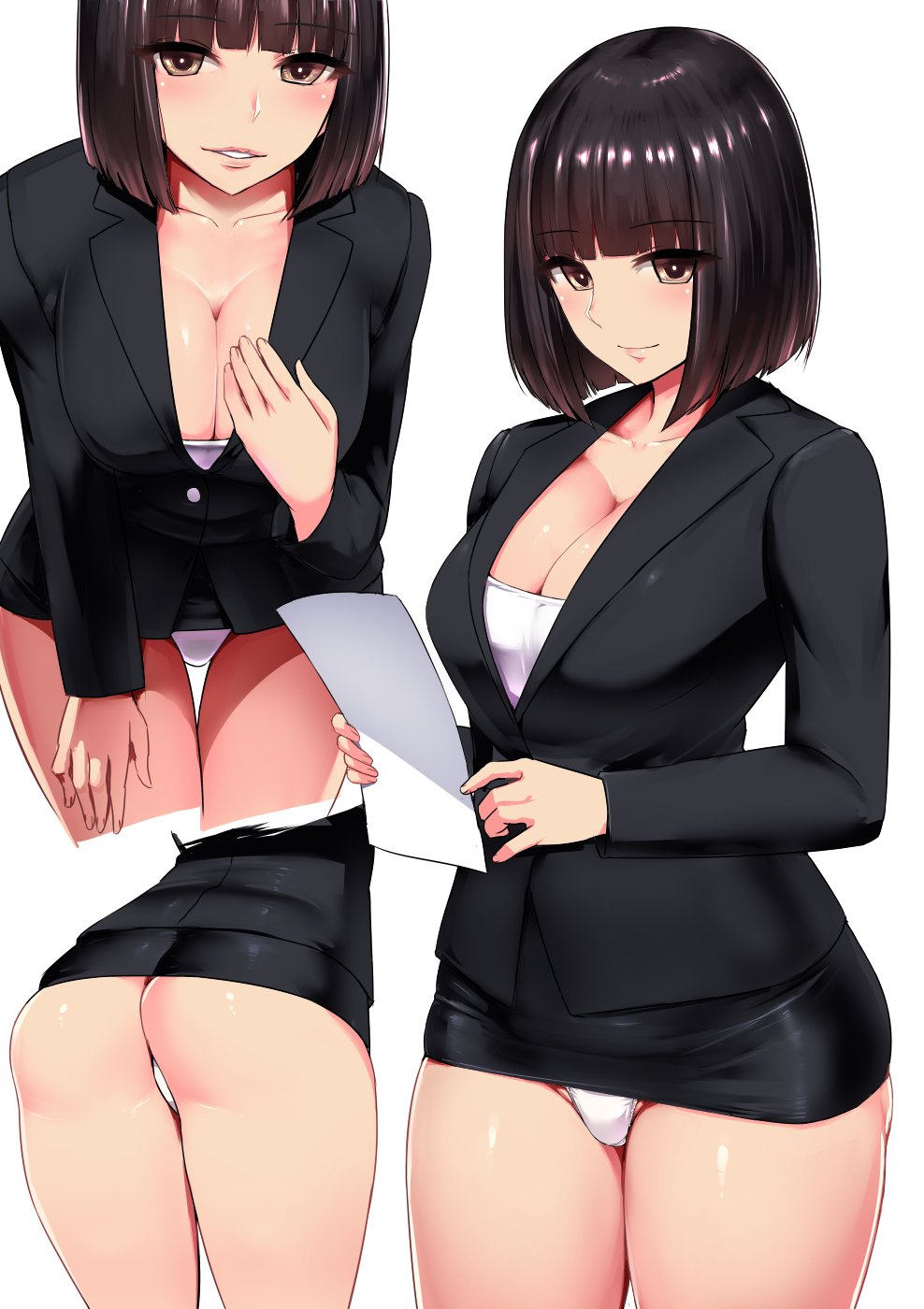 1girl, animal_ears, black_hair, black_skirt, blush, breasts, brown_eyes, cleavage