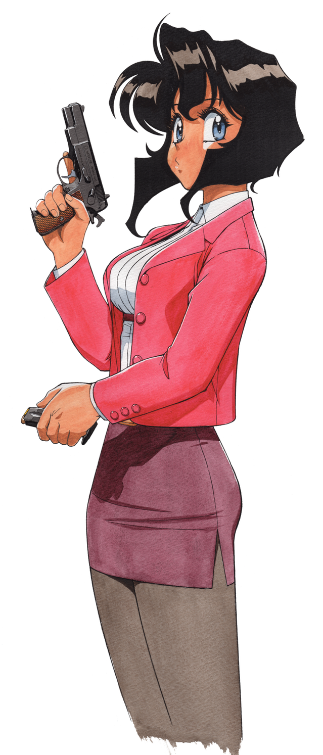 1girl, 90s, black_hair, black_pants, blue_eyes, bob_cut, bullet, buttons
