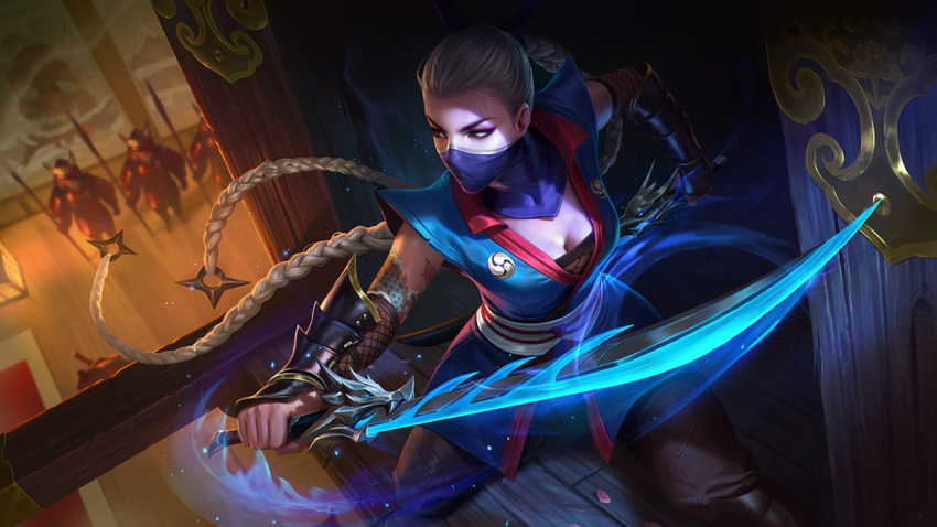 1girl, airi_(arena_of_valor), arena_of_valor, blonde_hair, braid, breasts, brown_eyes, cleavage, faceless, faceless_male, helmet, kobayashi_kana, long_hair, mask, ninja, official_art, polearm, single_braid, solo, spear, sword, tattoo, weapon