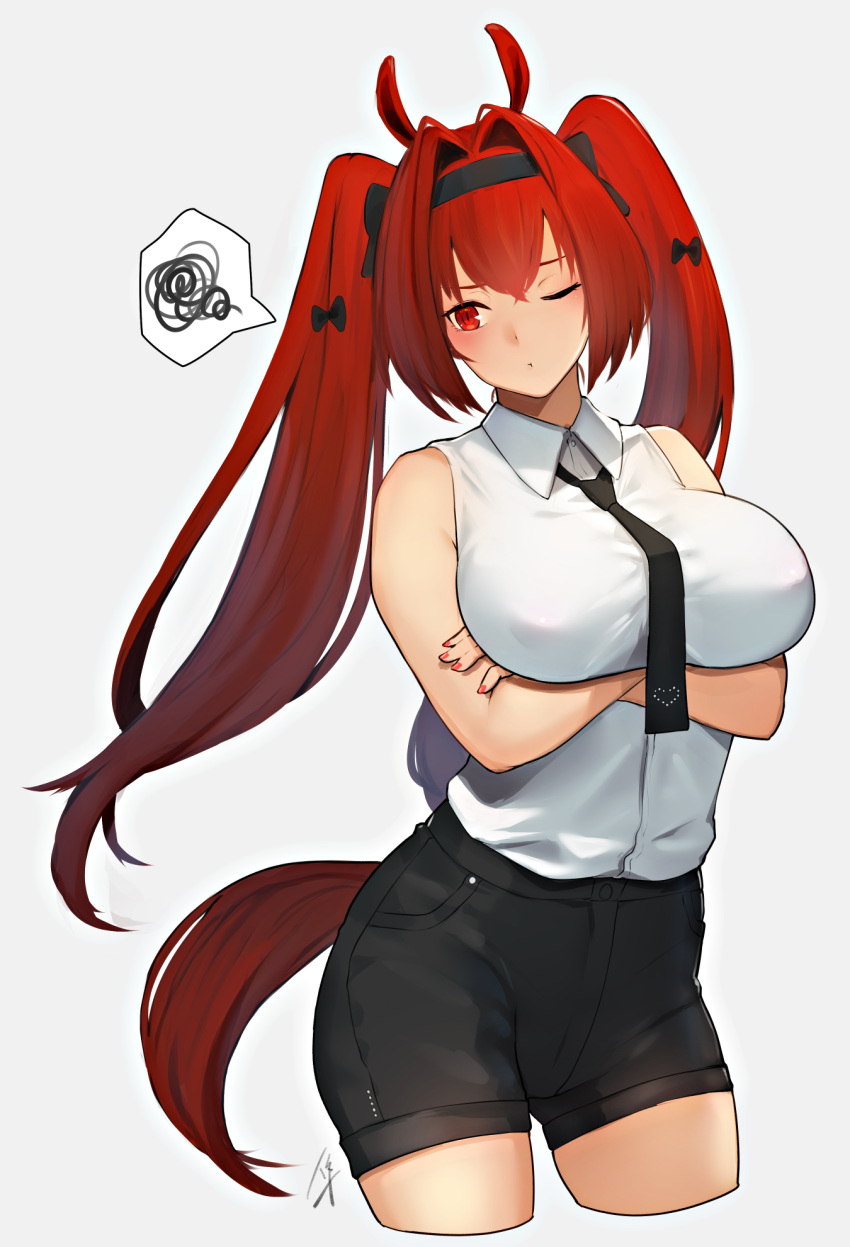 1girl, animal_ears, black_neckwear, black_shorts, blush, breasts, commentary_request, cowboy_shot