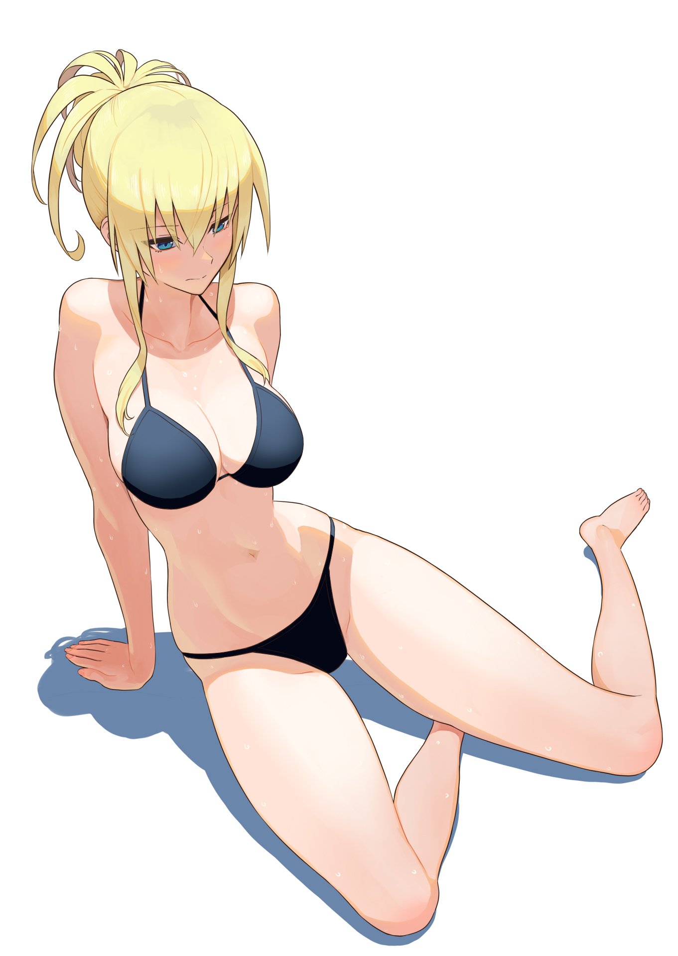 1girl, arm_support, bare_legs, barefoot, bikini, black_bikini, blonde_hair, blue_eyes