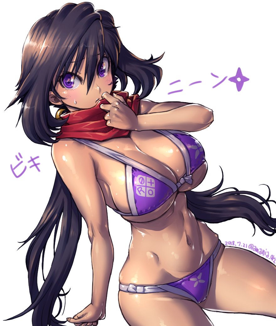 1girl, amania_orz, ayame_(gundam_build_divers), bare_shoulders, bikini, black_hair, blush, breasts