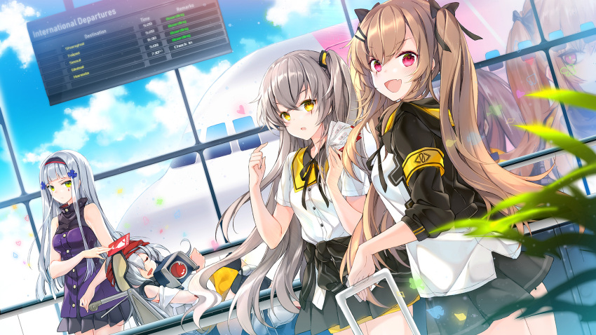 404_(girls_frontline), 4girls, :d, aircraft, airplane, airport, armband, bangs