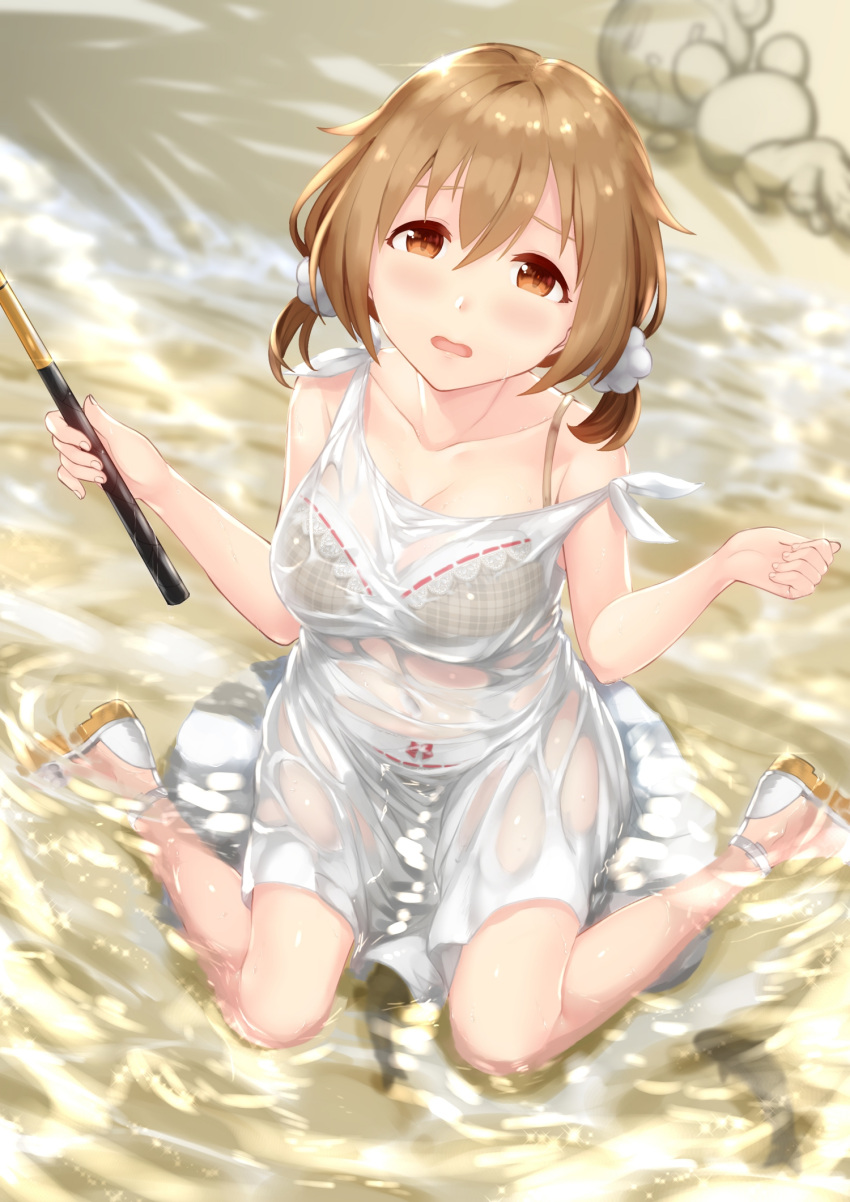 1girl, alternative_girls, bangs, bare_arms, bare_shoulders, beach, blush, bow