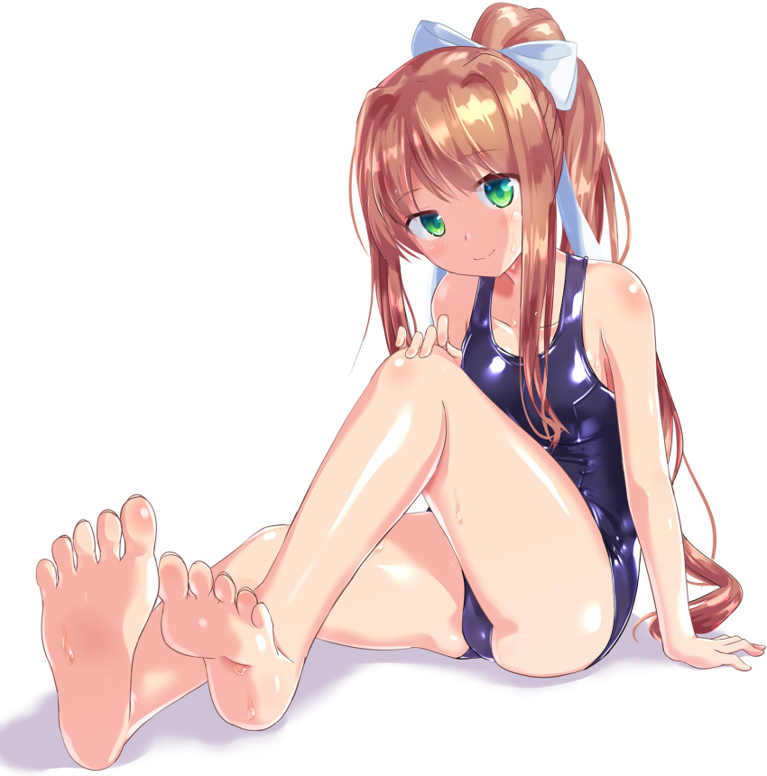 1girl, arm_support, bangs, bare_legs, bare_shoulders, barefoot, blue_swimsuit, blush