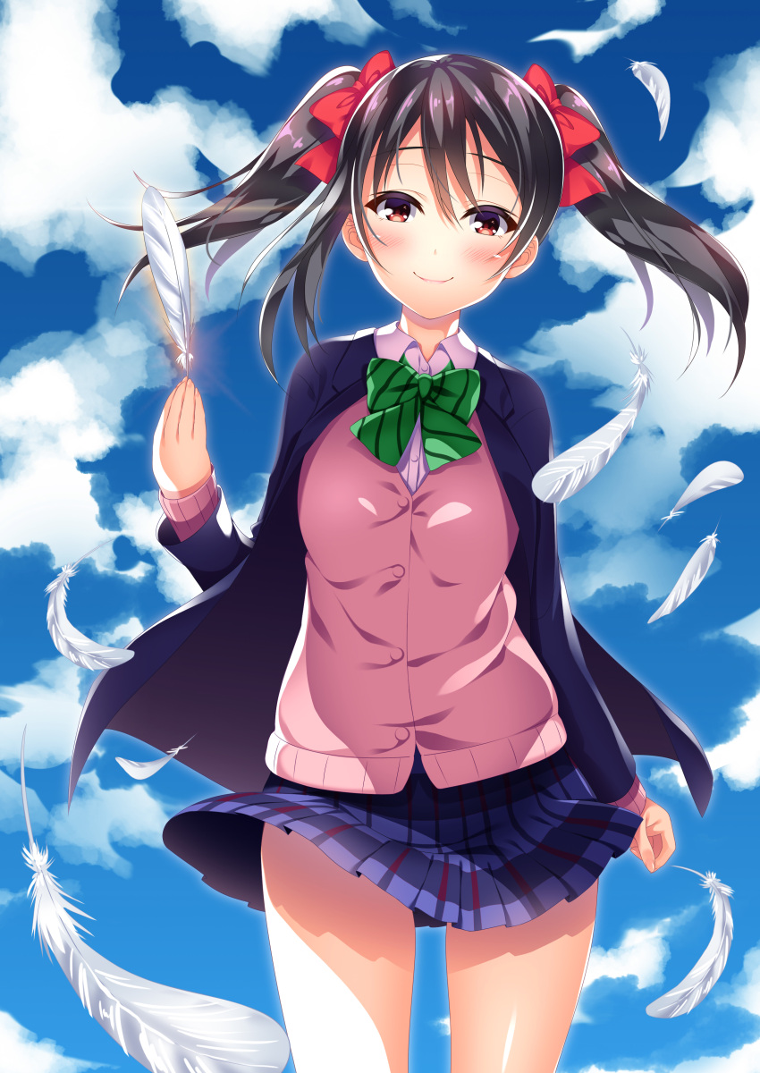 1girl, absurdres, black_hair, blue_skirt, blue_sky, blush, bow, bowtie