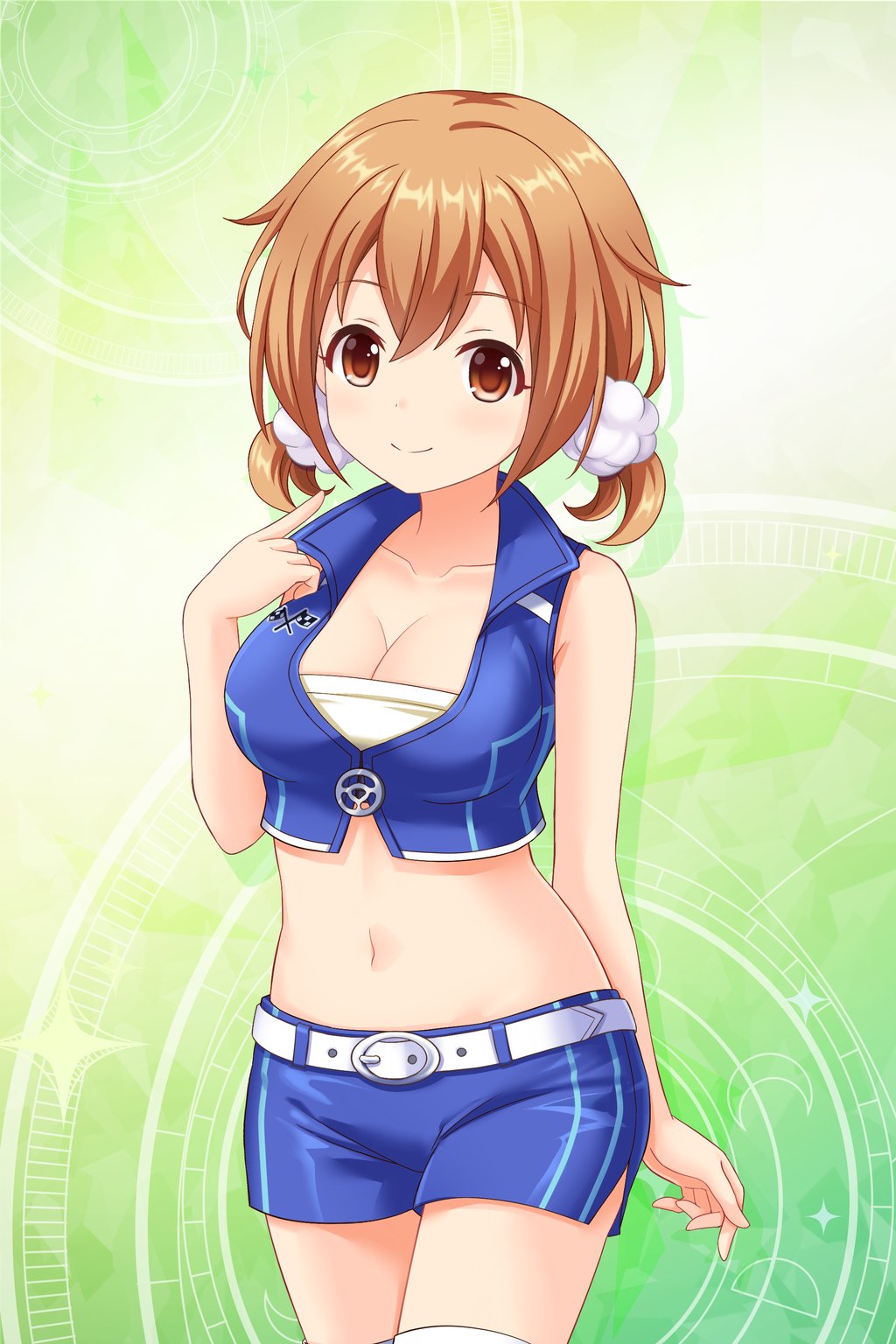 1girl, alternative_girls, belt, blue_jacket, blue_shorts, blush, boots, breasts