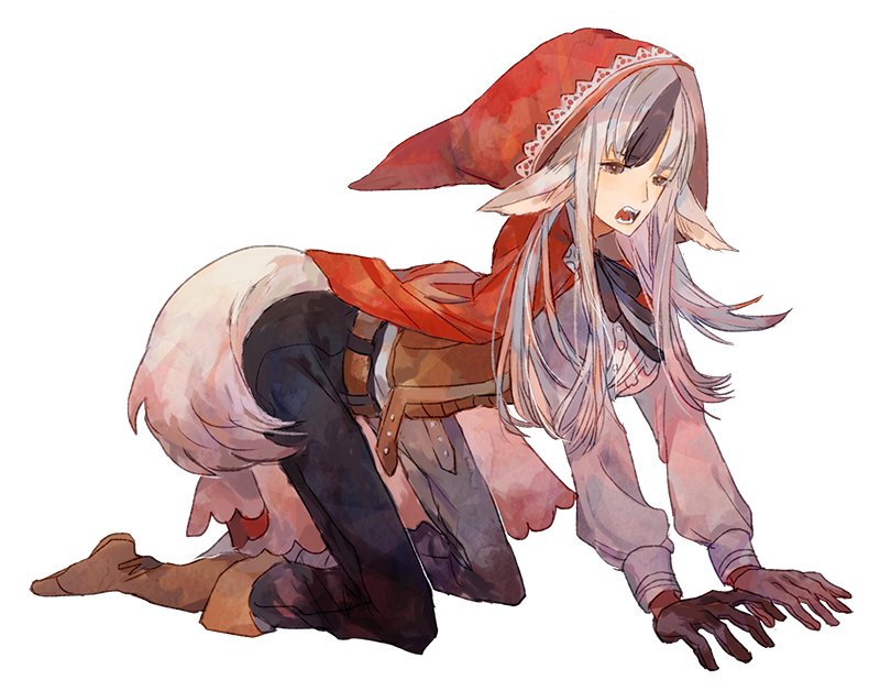 1girl, animal_ears, crawling, fire_emblem, fire_emblem_if, hood, shourou_kanna, simple_background