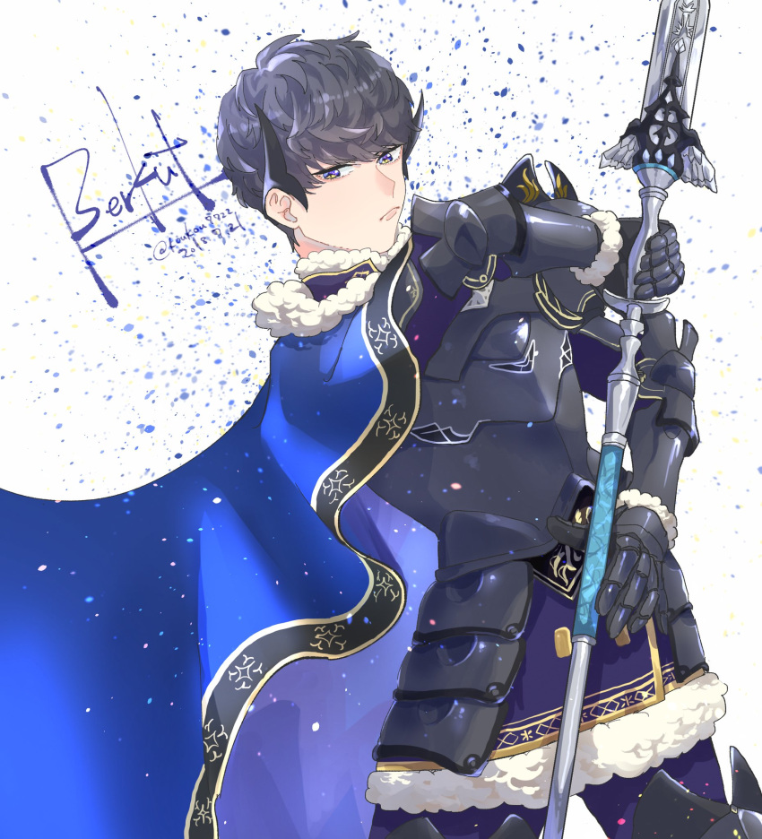 1boy, armor, berkut_(fire_emblem), black_hair, blue_eyes, cape, fire_emblem, fire_emblem_echoes:_mou_hitori_no_eiyuuou, fire_emblem_gaiden, fire_emblem_heroes, gauntlets, highres, holding, holding_spear, holding_weapon, koukou7722, looking_back, polearm, pout, solo, spear, weapon