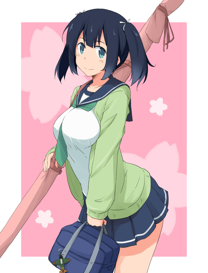1girl, aircraft, airplane, alternate_costume, bag, between_breasts, black_hair, blue_eyes