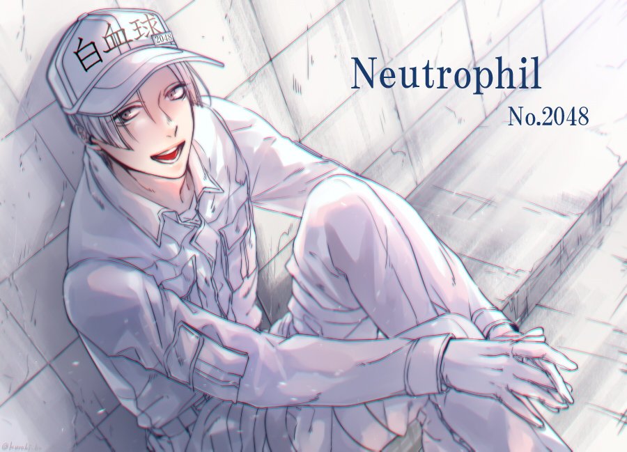 1boy, bou_(maimoca501), gloves, hat, hataraku_saibou, neutrophil, short_hair, sitting