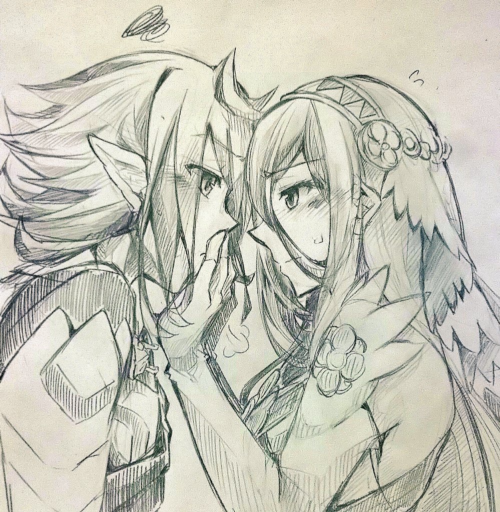 1boy, 1girl, aqua_(fire_emblem_if), finger_to_mouth, fire_emblem, fire_emblem_if, graphite_(medium), headdress