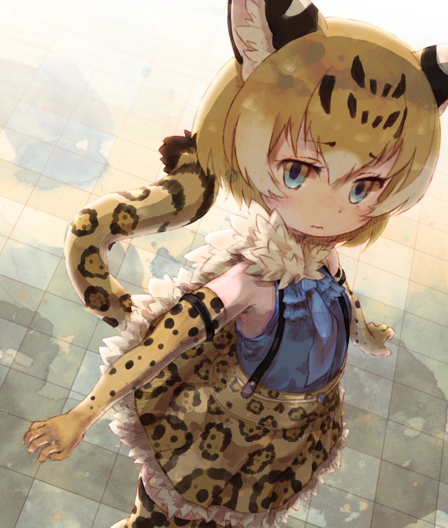 1girl, animal_ears, arizonan_jaguar_(kemono_friends), bare_shoulders, blonde_hair, blue_eyes, commentary_request, elbow_gloves