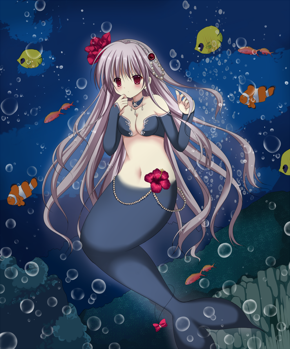 1girl, breasts, bubble, cleavage, fish, flower, grey_hair, harlem_heart