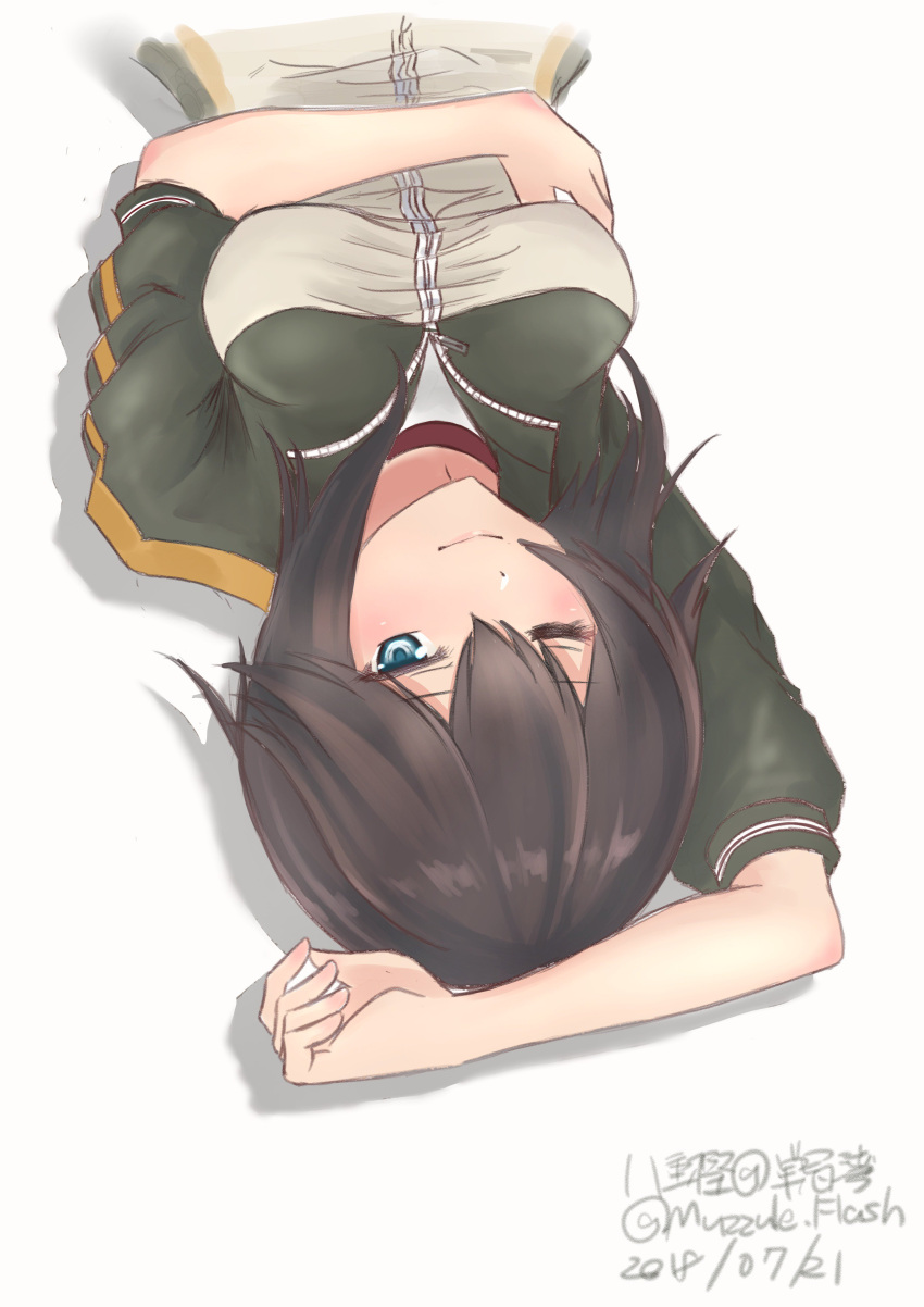 1girl, absurdres, arm_up, artist_name, black_hair, blue_eyes, dated, hayasui_(kantai_collection)