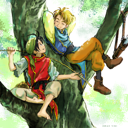 bandanna, black_hair, brown_hair, commentary_request, gensou_suikoden, gensou_suikoden_i, gloves, legs_crossed