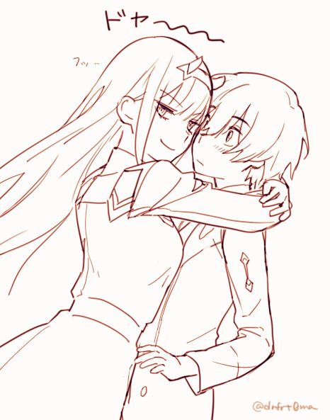 1boy, 1girl, bangs, blush, breasts, commentary_request, couple, darling_in_the_franxx