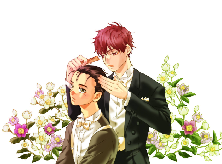 2boys, ballroom_e_youkoso, black_hair, bow, bowtie, brown_eyes, comb, flower