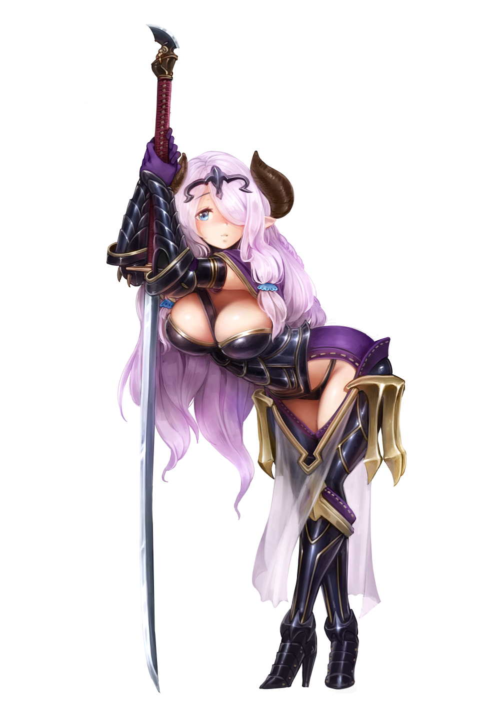1girl, armor, barbariank, bent_over, black_armor, blue_eyes, blush, boots, braid, breasts, camilla_(fire_emblem_if), camilla_(fire_emblem_if)_(cosplay), cleavage, commentary, cosplay, draph, english_commentary, fire_emblem, fire_emblem_if, full_body, gloves, granblue_fantasy, greaves, hair_ornament, hair_over_one_eye, high_heel_boots, high_heels, highres, horns, katana, large_breasts, lavender_hair, long_hair, looking_at_viewer, narmaya_(granblue_fantasy), pointy_ears, purple_gloves, solo, sword, tiara, transparent_background, very_long_hair, weapon