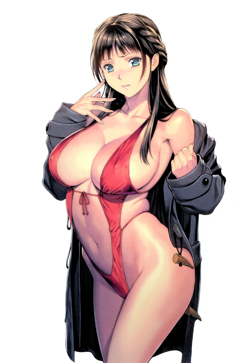 1girl, absurdres, bangs, bare_shoulders, bikini, bikini_under_clothes, blue_eyes, braid